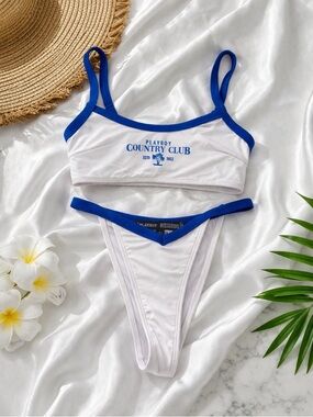 2pc Rare PLAYBOY Country Club White Bikini with Royal Blue Trim Set